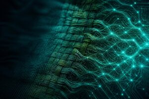 Tissage textile dont les fils se prolongent en réseau numérique lumineux, visuel du 86e Congrès ACIT sur l'IA