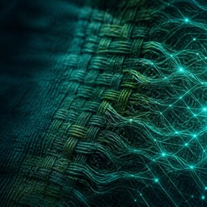 Tissage textile dont les fils se prolongent en réseau numérique lumineux, visuel du 86e Congrès ACIT sur l'IA